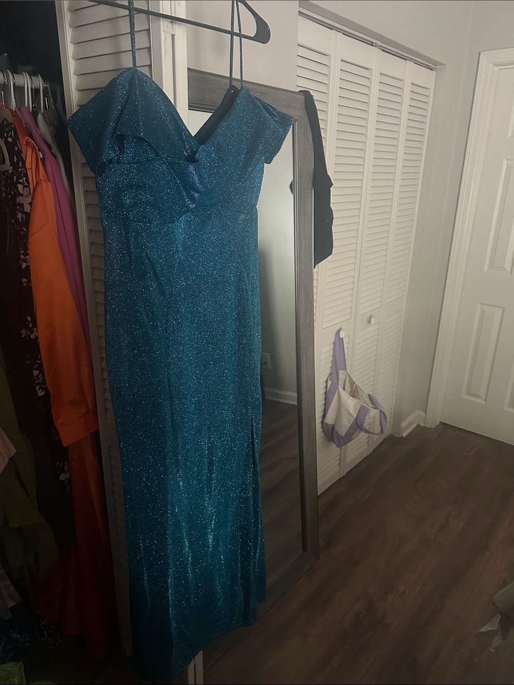 One-Shoulder Teal Sparkle Evening Dress